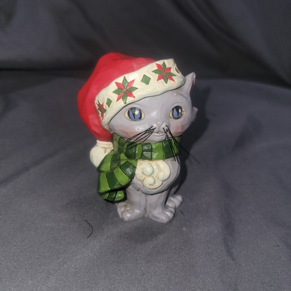 Jim Shore Figure Christmas Kitten Cat 4 inches tall Gray Santa Hat